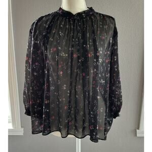 Uniqlo Black Floral Women's Semi Sheer High Neck Peasant Blouse Top Medium‎
